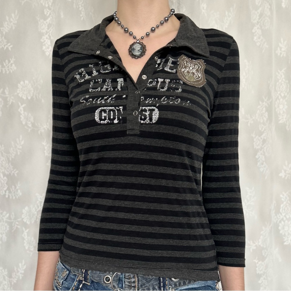 Cyber Y2K Grunge Black & Grey Striped Top